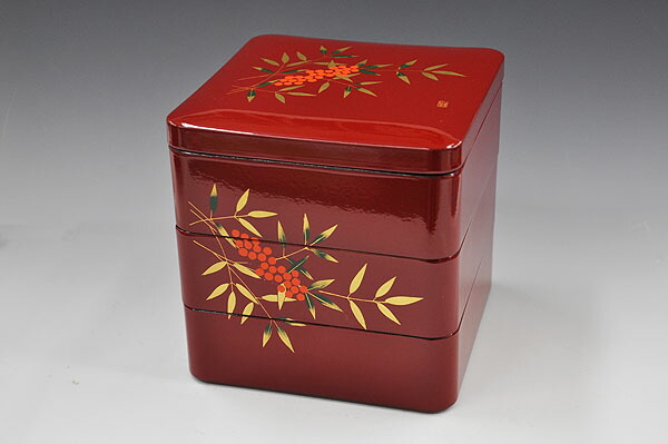 楽天市場】厄払い南天重箱朱 5.0 緑型 三段重 南天[会津漆器][厄除け