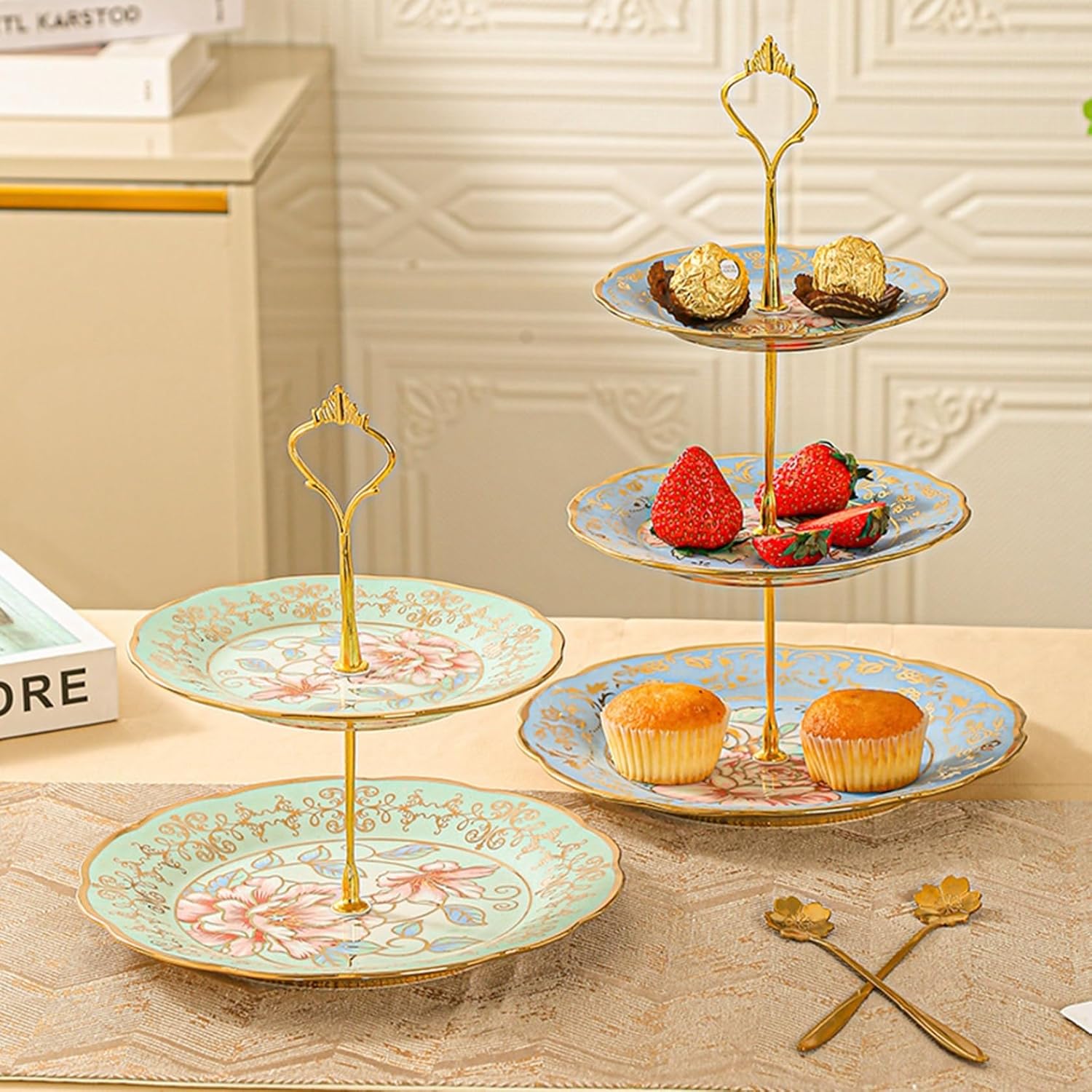 楽天市場】セラミック 3段 ケーキスタンド 金花彫刻 耐熱皿