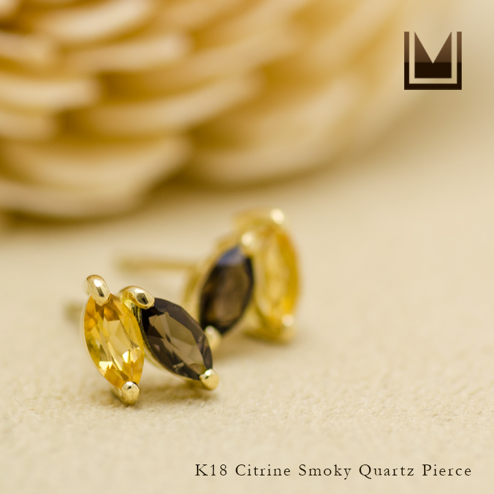 K18 マーキス シトリン スモーキークォーツ ピアス[商品番号:KK0611