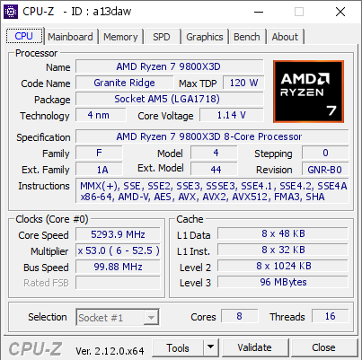 AMD Ryzen 7 9800X3D @ 5293.9 MHz - CPU-Z VALIDATOR