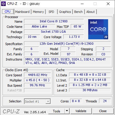 Intel Core i9 12900 @ 4489.02 MHz - CPU-Z VALIDATOR