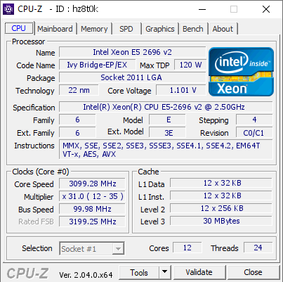 Intel Xeon E5 2696 v2 @ 3099.28 MHz - CPU-Z VALIDATOR