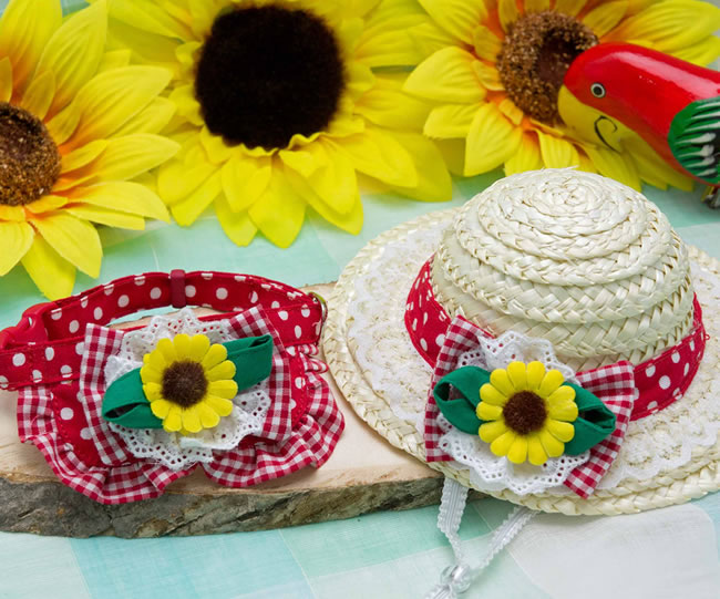 麦わら猫帽子 ひまわり 猫用 コスプレ ( ちょこえり猫首輪ひまわり畑