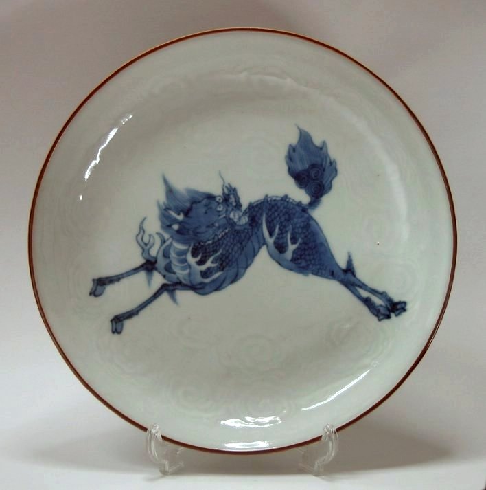 古伊万里、『白磁陽刻・色絵麒麟文輪花皿』、5客、銘無、箱無 -