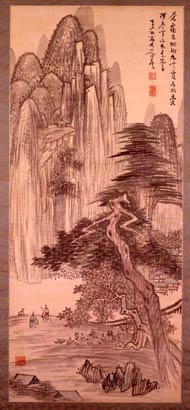 岡田米山人 溪谷幽居図 江戸時代中期 南画家 中国画 山水図 大阪 掛軸ZK02 父米山人同様に晩年に多くの傑作を生んだ岡田半江 - UAG美術家研究所