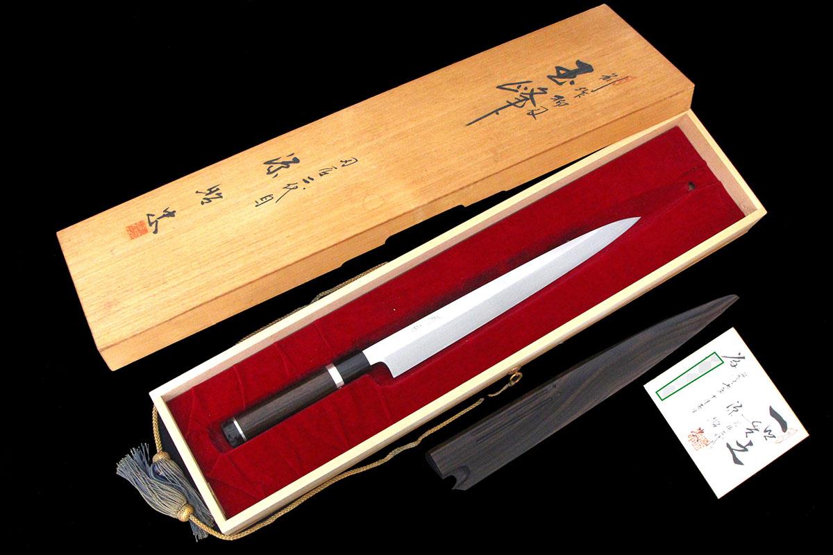 柳刃包丁 本焼 尺一 水野鍛錬所 源昭忠 銀二巻 黒檀柄 黒檀鞘・桐箱付
