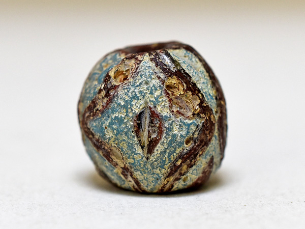 2406】西アジア茶系の希少モザイク水色ビーズ9,とんぼ玉,アンティーク