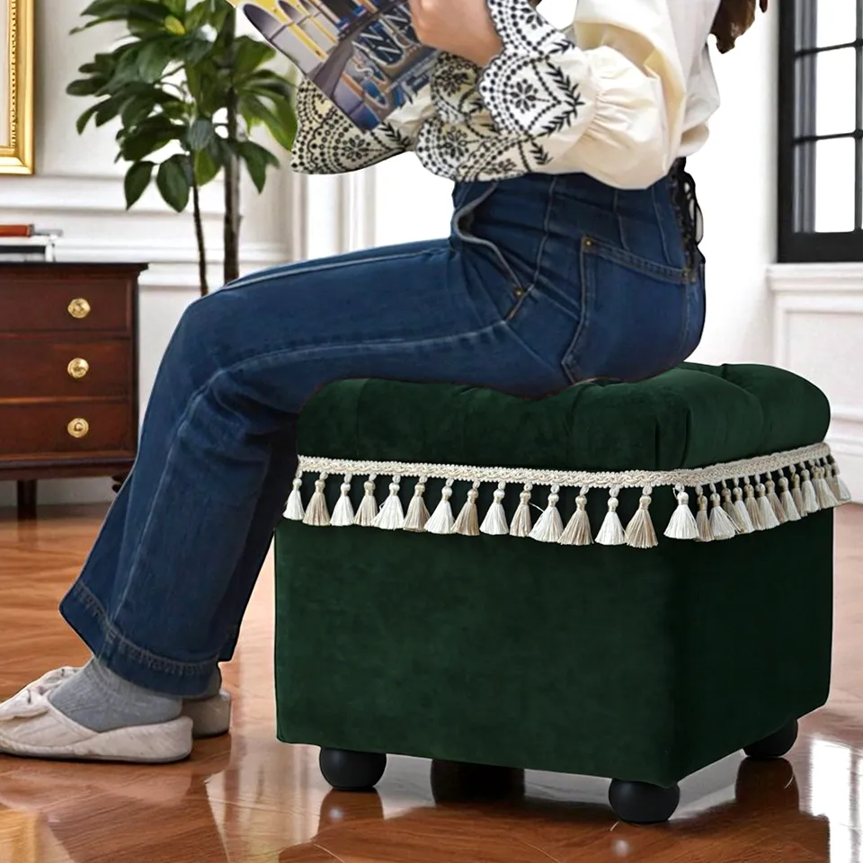 ロワイヤル ヴェール タッセル付 収納スツール ベルベット グリーン