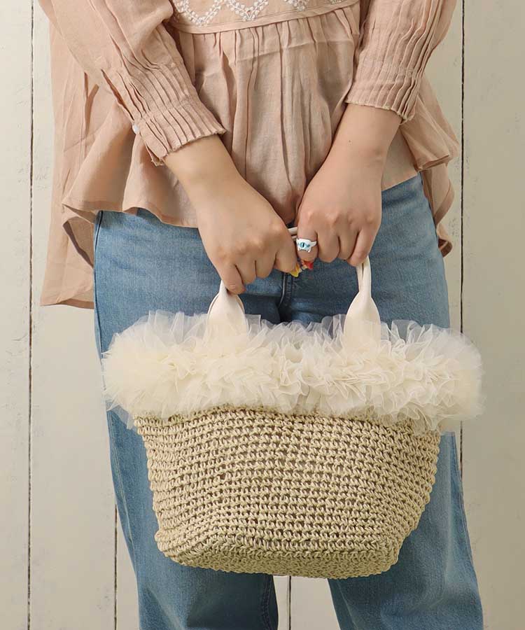 チュール付ペーパートート バッグ BAG 雑材バッグ 雑材 ストロー