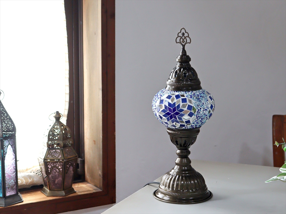 トルコランプ モザイクテーブルランプ 直径13cm 全高36cm ブルー