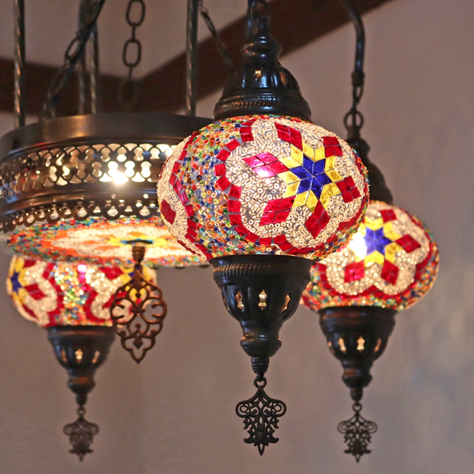 トルコランプ モザイクガラスランプシャンデリア 4灯 直径62cm 高さ