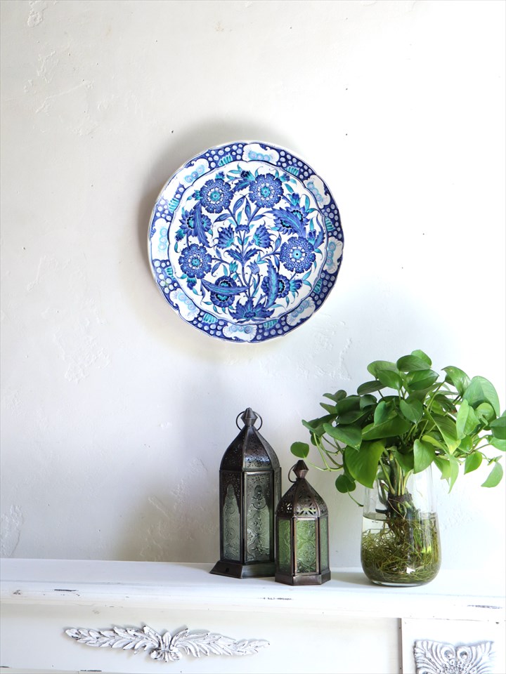 トルコ 手書き絵皿 直径30.5cm 飾り絵皿 ブルーフラワー ミュージアム