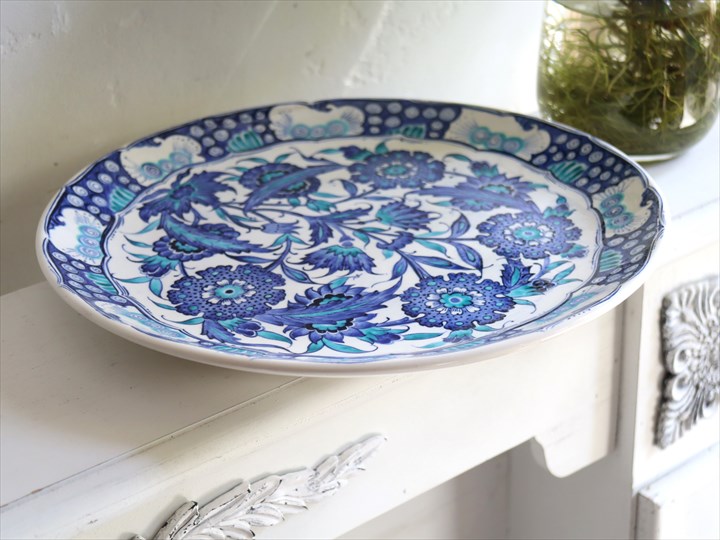 トルコ 手書き絵皿 直径30.5cm 飾り絵皿 ブルーフラワー ミュージアム