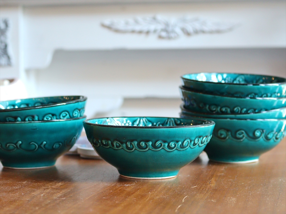 トルコ製 ボウル (手書きキュタフヤ陶器) φ12cm フィルゼ イエシル