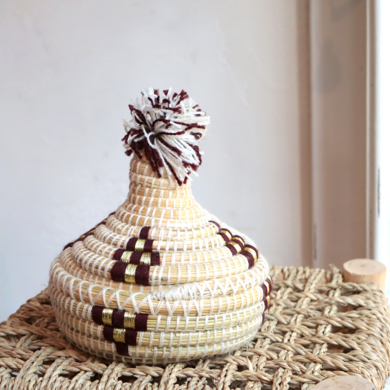モロッコ バスケット とんがり タジン型 バスケットブラウンのポンポン
