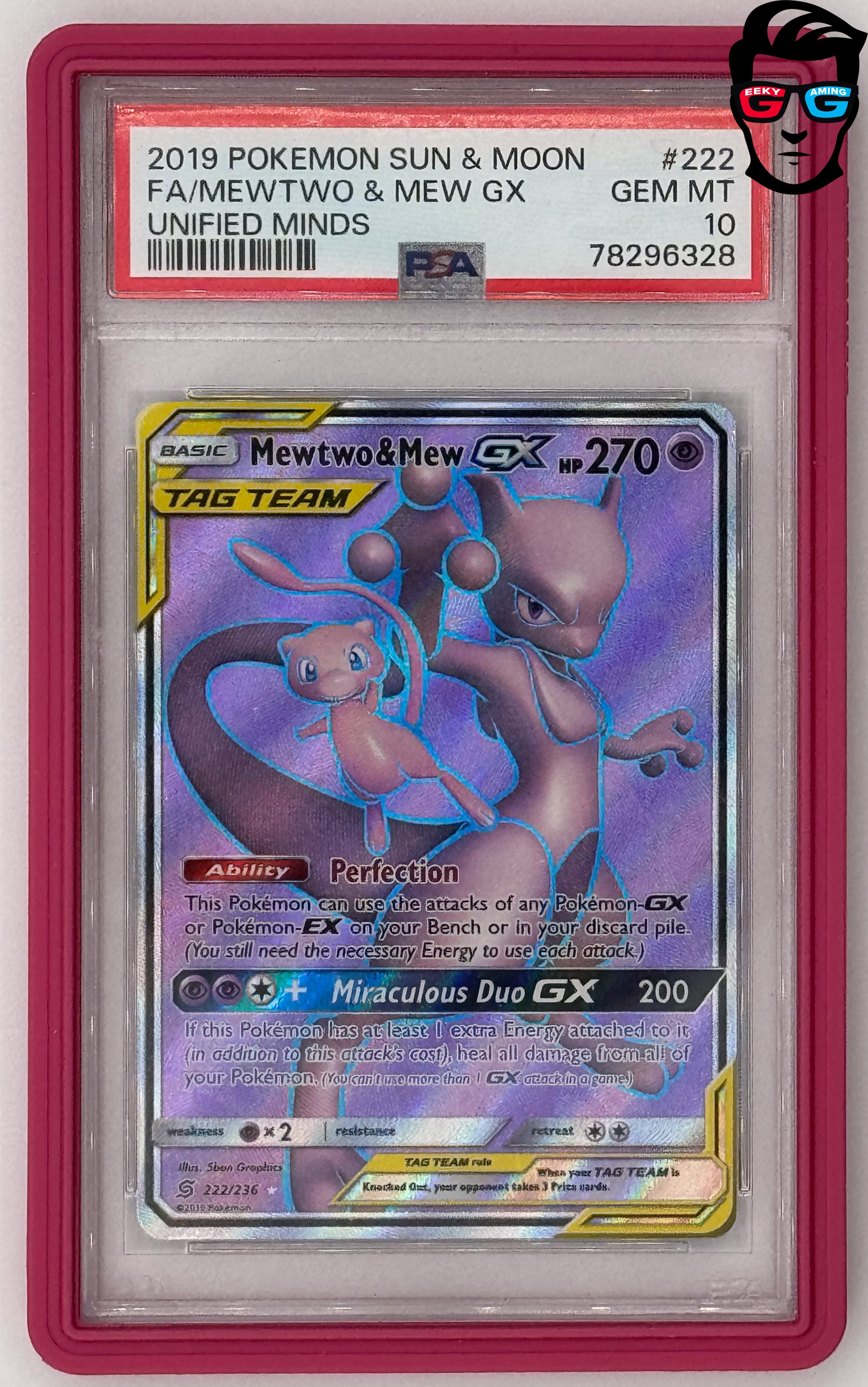 Mewtwo and Mew GX #222 – Sun & Moon Unified Minds PSA 10 – Geeky