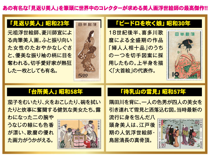 江戸浮世絵美人画切手総覧「全74枚68種」額装セット ー 三宝堂