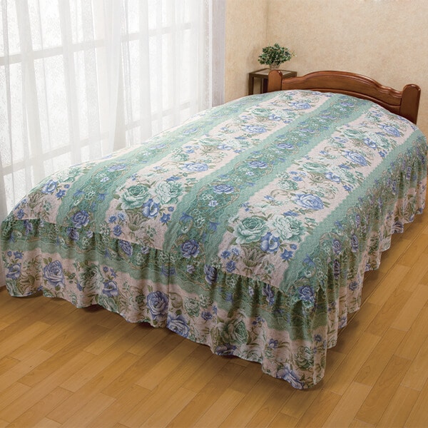 フリル付ベッド布団カバー(花柄ボーダー)(シングル150×210cm グリーン