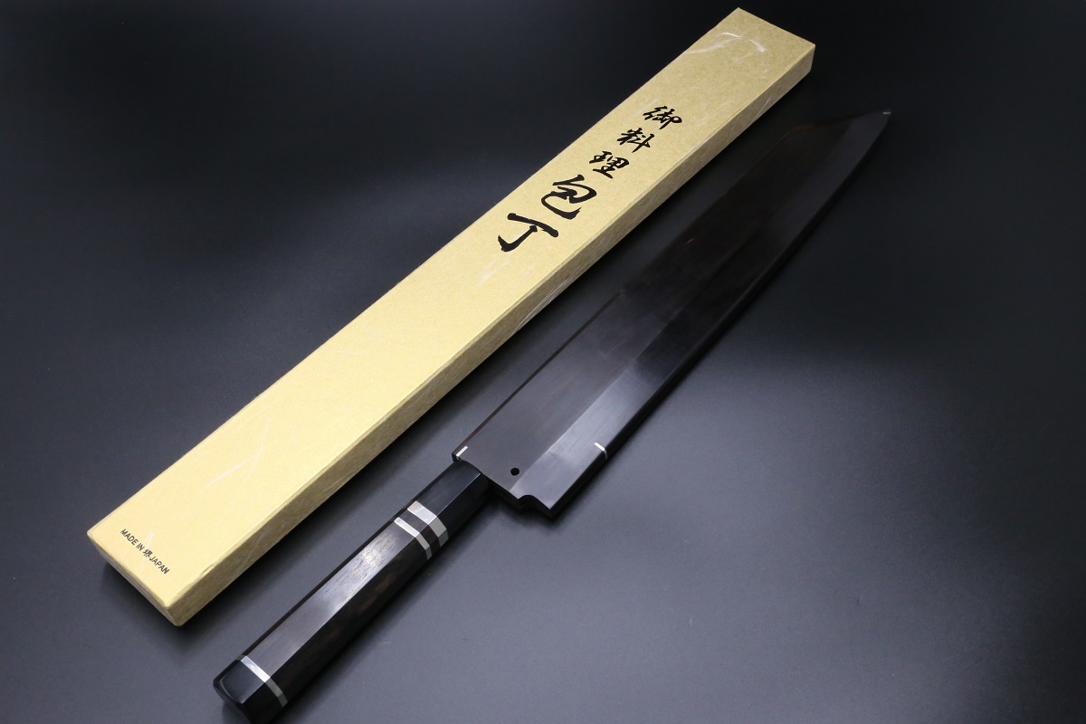 切付柳刃 白一鋼 330mm 水本焼 富士掛かり満月 両鏡面 八角黒檀柄 玄海