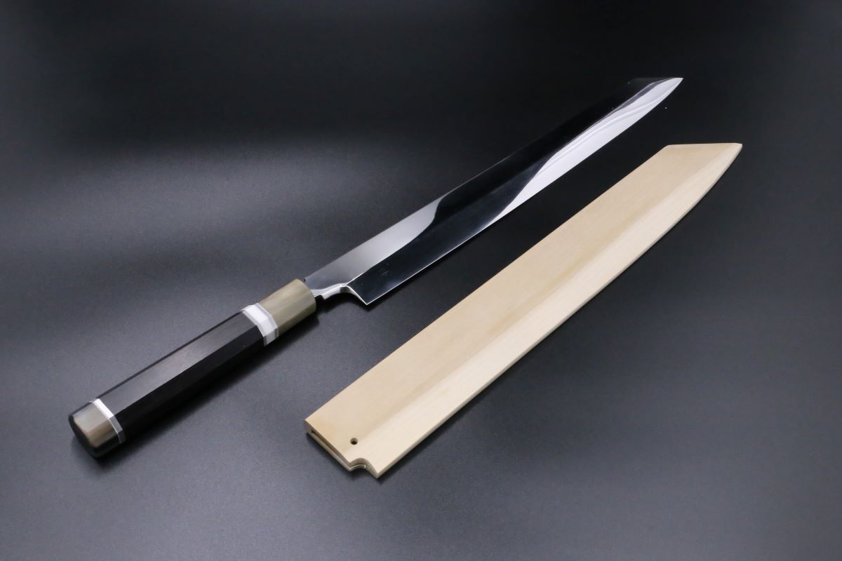 切付柳刃 白一鋼 水本焼 360mm 全鏡面 玄海正国作-歌舞伎ナイフ