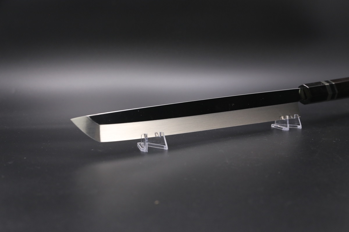 先丸蛸引 銀三本焼 300mm 平鏡面 黒檀柄 鞘付き【左利き用】-歌舞伎ナイフ