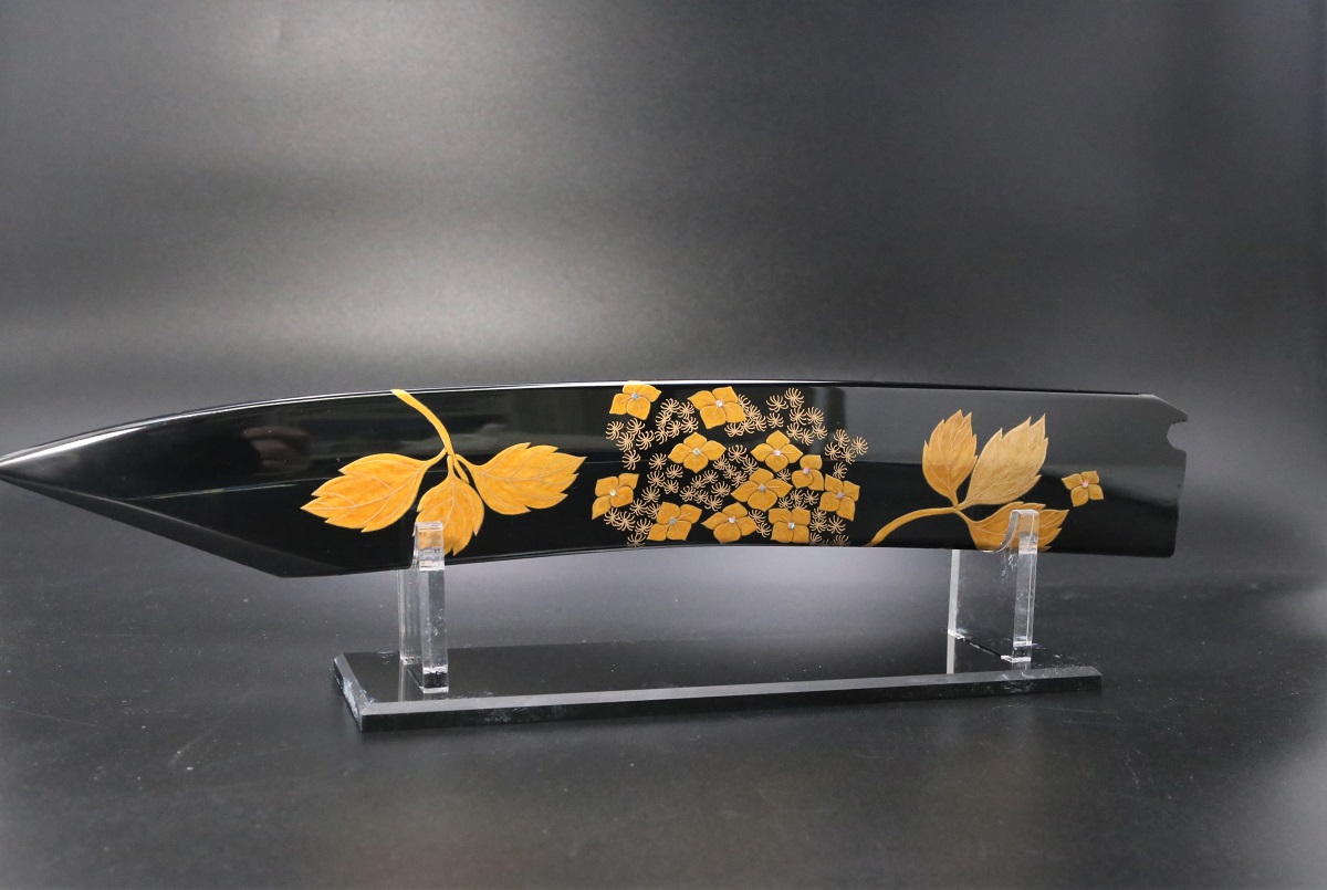 参考商品】鞘 黒漆＋紫陽花の蒔絵-歌舞伎ナイフ