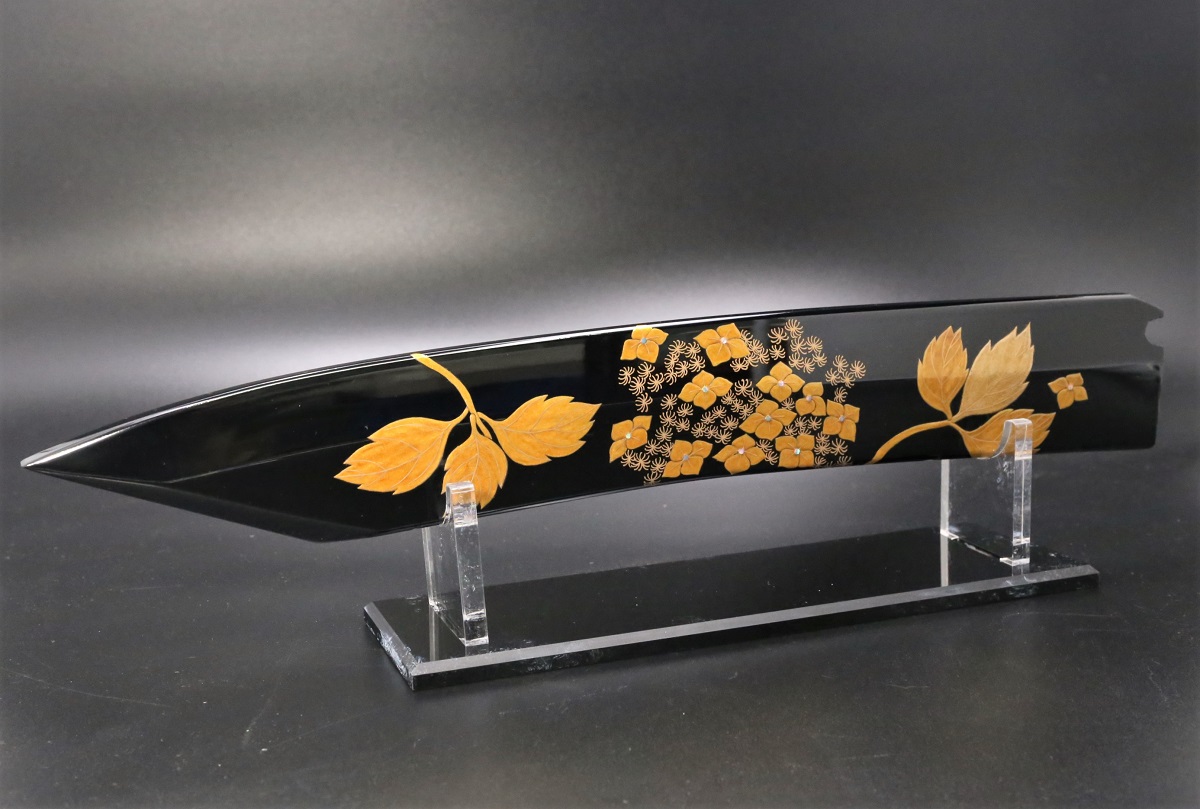 参考商品】鞘 黒漆＋紫陽花の蒔絵-歌舞伎ナイフ