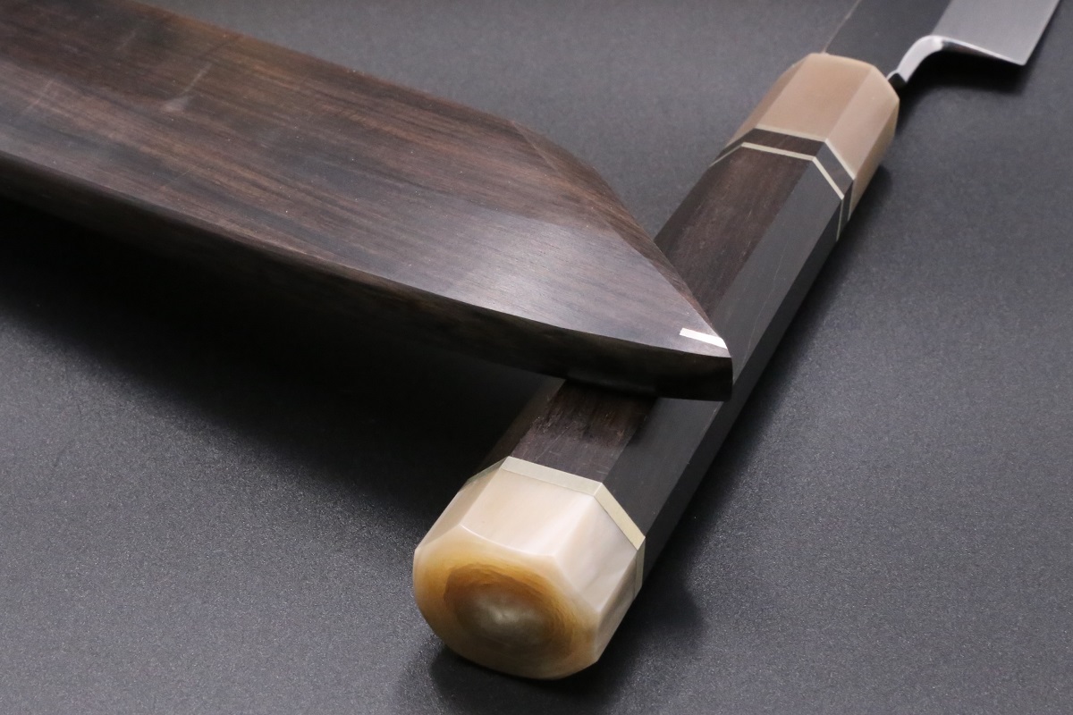 切付柳刃 白一鋼 水本焼 360mm 富士掛かり満月 両鏡面 八角黒檀柄 玄海