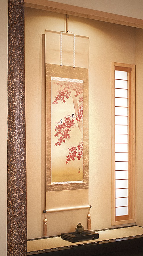 秋の掛け軸「紅葉に小禽」 北沢利輝 （尺五立）肉筆！ 秋 - 掛け軸