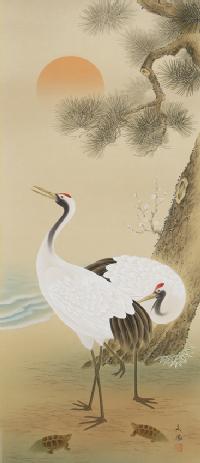 鶴亀 岩田文鳳（尺八立）肉筆！ 開運画 - 掛け軸（掛軸）販売通販なら