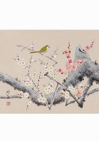 梅に鶯 奥田吟水 尺八横 肉筆（冬・春）！ 冬 - 掛け軸（掛軸）販売
