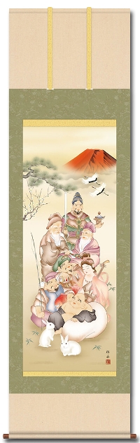 七福縁起兔之図 長江桂舟 尺五 【うさぎ・卯・兔・干支・七福神