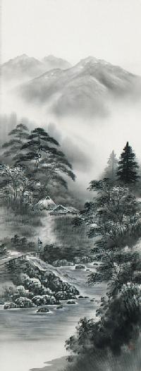 水墨山水 田中翠堂 尺五【肉筆】！ 山水画 - 掛け軸（掛軸）販売通販