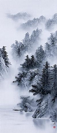 水墨山水 中沢勝 尺八立 肉筆！ 山水画 - 掛け軸（掛軸）販売通販なら