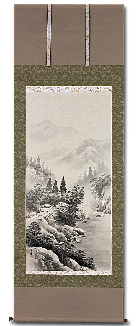 水墨山水 山本翠雲 尺八立 肉筆！ 山水画 - 掛け軸（掛軸）販売通販