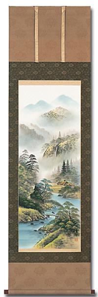 彩色山水 林青峰「尺五立」肉筆！ 山水画 - 掛け軸（掛軸）販売通販