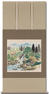 彩色山水 奥田吟水 （尺八横）肉筆！ 山水画 - 掛け軸（掛軸）販売通販