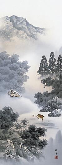 水墨山水 閑雅悠景 長江桂舟 （三美会）尺五 日本製 山水画 - 掛け軸