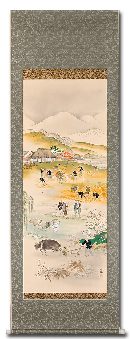 勤農耕作図 藤吉正勝 （尺八立）肉筆！ 開運画 - 掛け軸（掛軸）販売