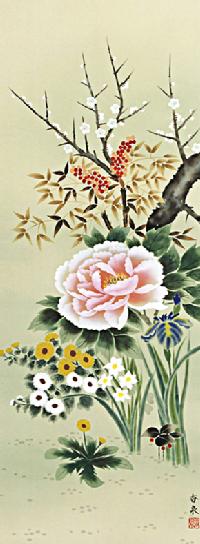 即納品 】【50％OFF】 四季花（花鳥画） 香泉(尺五)! 花鳥画 - 掛け軸