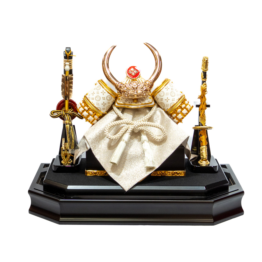 白甲州印伝 富士山柄 8号武田信玄兜六角 虎彫金ケースセット | 人形