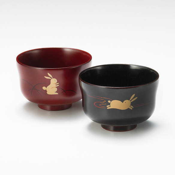 夫婦汁椀 うさぎ 溜・古代朱 2客セット 漆塗り 12-04404 漆器の井助