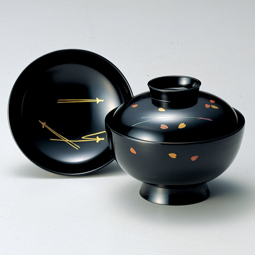 吸物椀 松葉に桜 黒 漆塗り 12-00601 漆器の井助