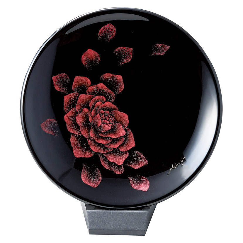 飾り皿 薔薇（小）スタンド付 漆塗り・木製 漆器の井助