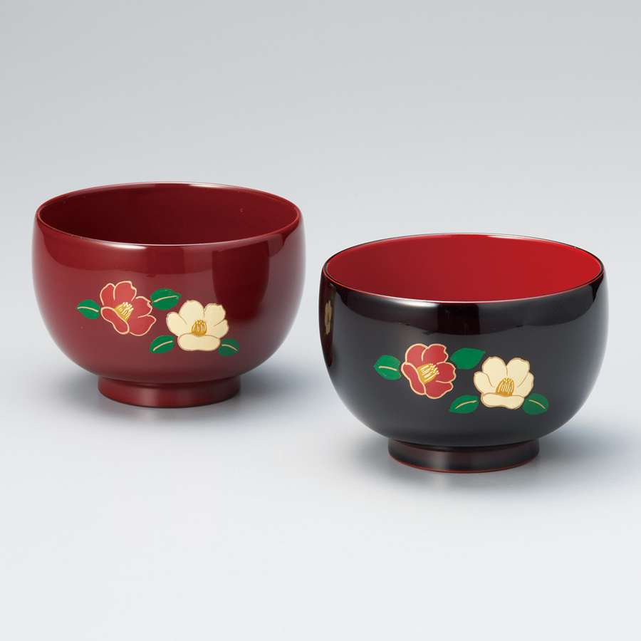 夫婦椀 椿 福寿汁椀 吟朱・溜内朱 2客セット 漆塗り 漆器の井助