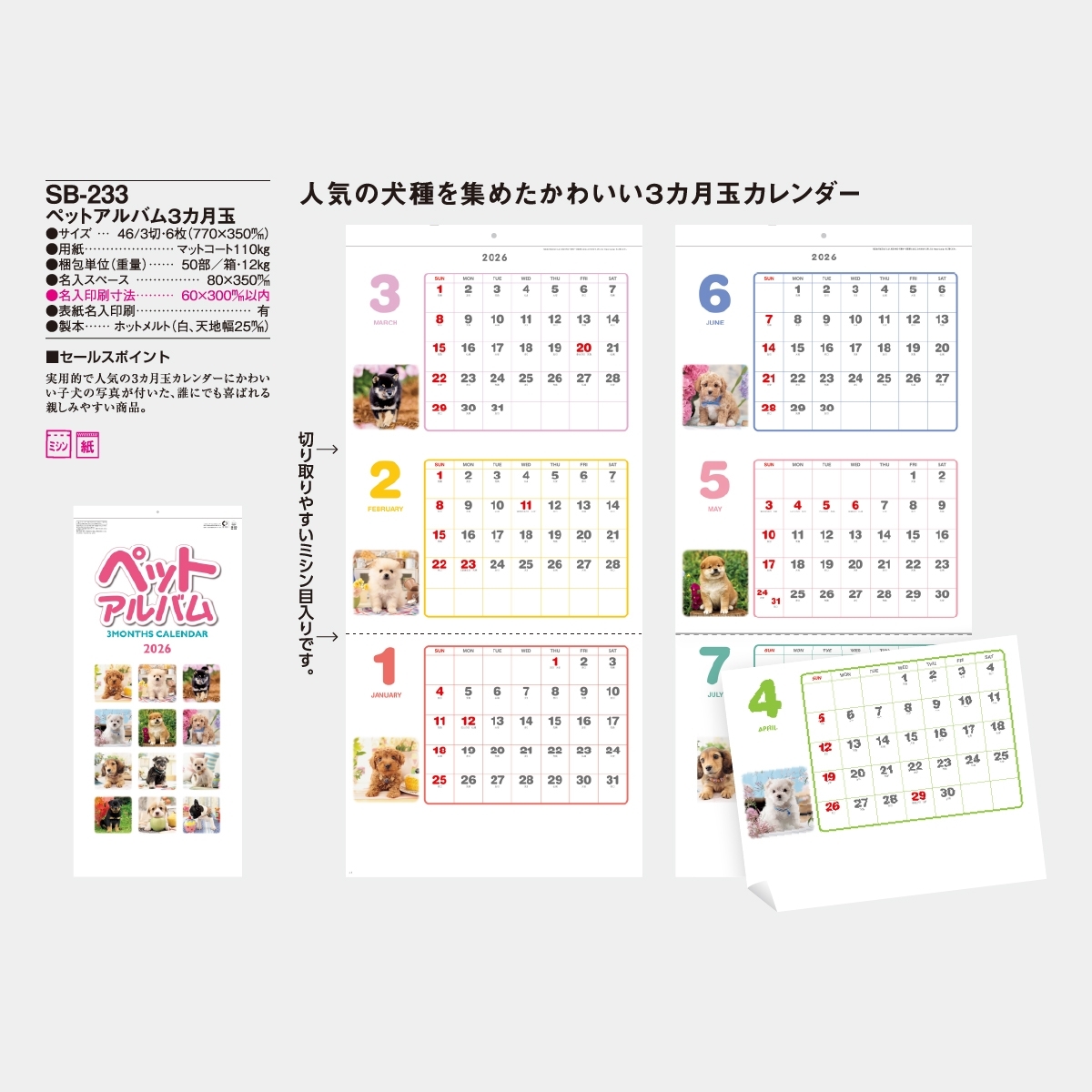 SB-233 ペットアルバム(3ヶ月玉)2026年版の名入れカレンダーを格安で