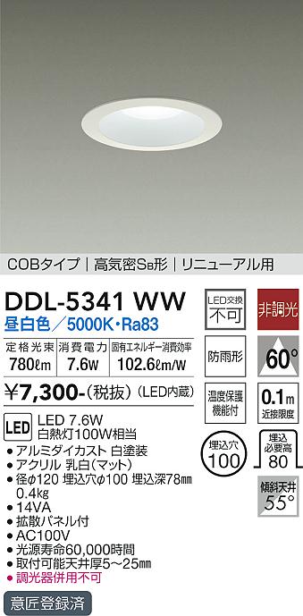 DAIKO 大光電機 ダウンライト(軒下兼用) DDL-5341WW | 商品紹介 | 照明