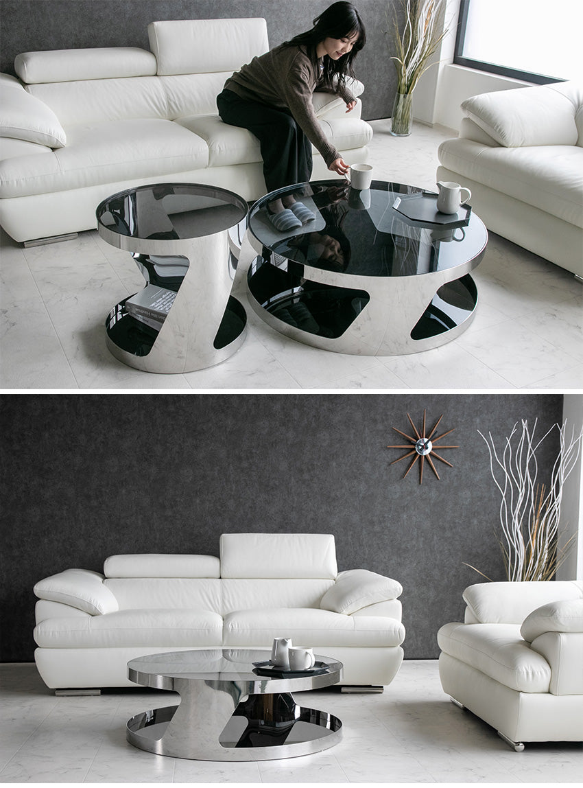 lushroom センターテーブル ガラス 丸 テーブル 黒 シルバー 幅90