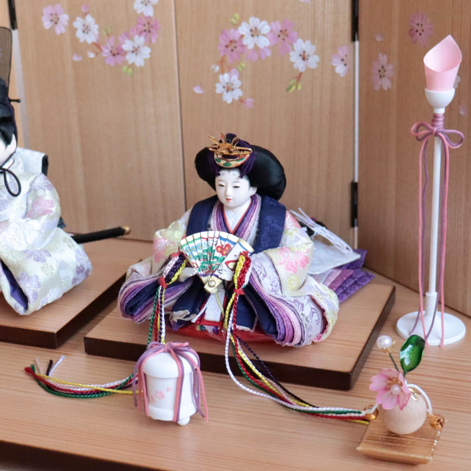 華峰作 柳 正絹西陣織 桜紫クリーム色 木目ナチュラル手描き一葉桜屏風