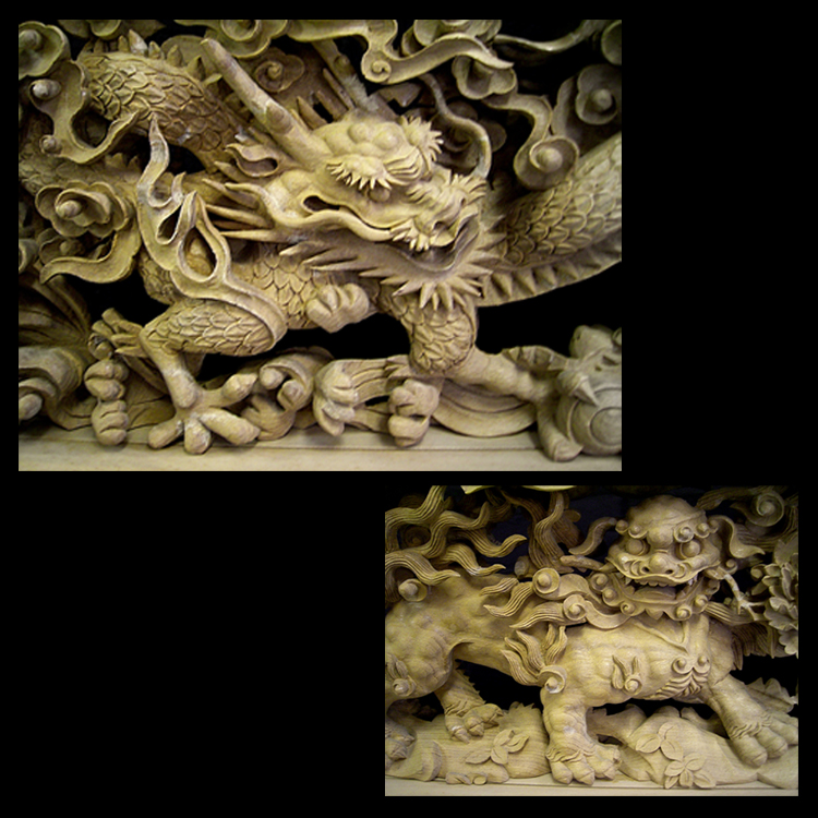 ◇木彫り彫刻◇ 龍・獅子彫刻 【商品番号m-rsr01】
